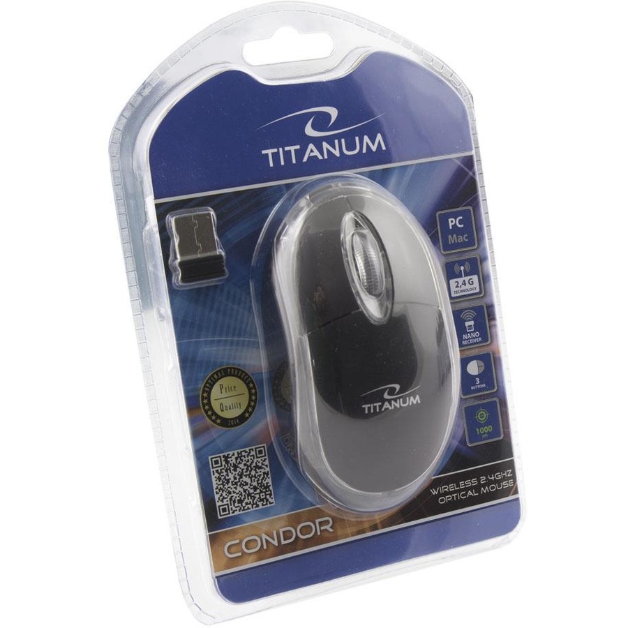 Mouse Titanum Condor USB, Wireless, 1000 DPI, 3 butoane, Negru