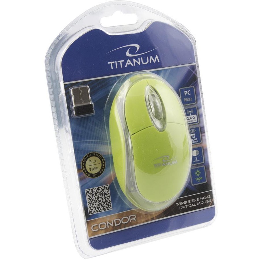 Mouse Titanum Condor USB, Wireless, 1000 DPI, 3 butoane, Verde