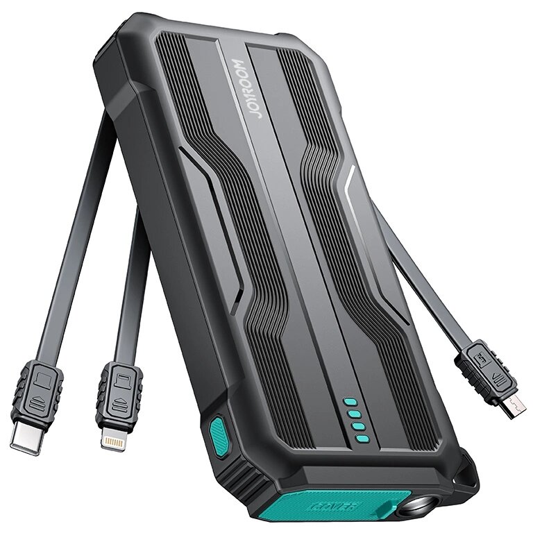 Acumulator extern JR-L016, 10000 mAh, USB, Cabluri incluse MicroUSB/USB-C/Lightning, Negru