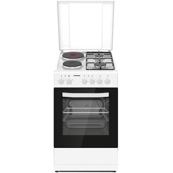 Aragaz HFSC-S56E2HSWH Mixt 2 Arzatoare Gaz + 2 Plite Electrice Cuptor Electric Clasa A Grill Alb