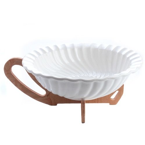 Bol Salata pe Suport de Lemn cu Maner 26cm Ceramica Termorezistenta Pentru Cuptor Alb