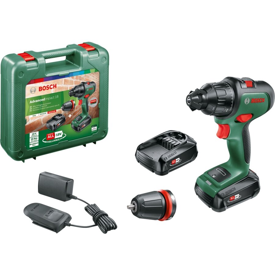 Bosch cordless impact drill AdvancedImpact 18 (green/black, 2x Li-ion battery 1.5Ah, case, POWER FOR ALL ALLIANCE)