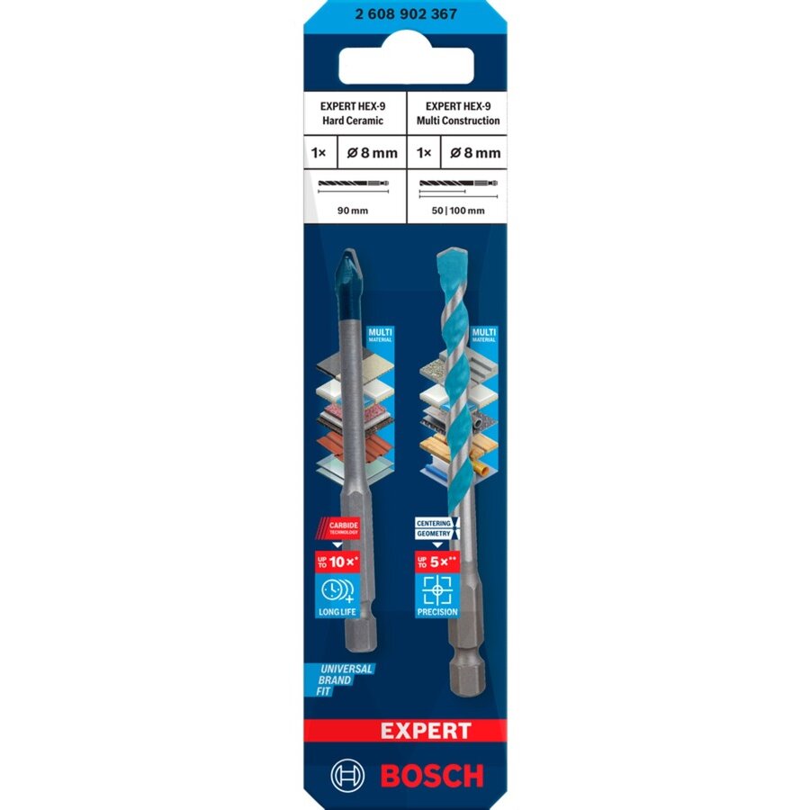 Bosch Expert HEX-9 HardCeramic + HEX-9 MultiConstruction drill bit set, ? 8mm (2-piece)