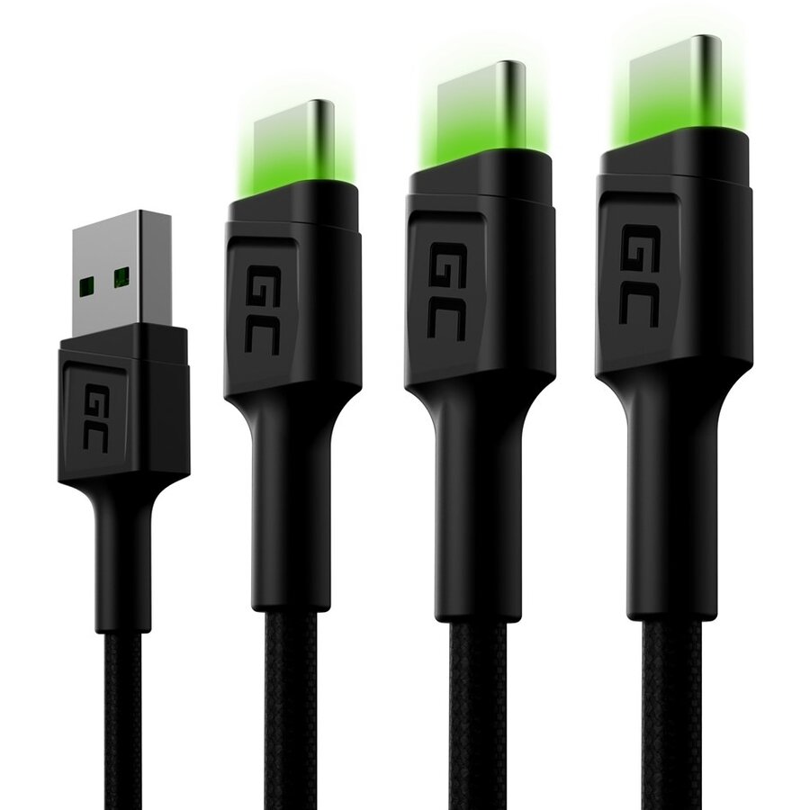 Cablu Date si Incarcare Set 3x Ray USB-C 120cm Cable Green LED Backlight Fast Charging Ultra Charge QC 3.0 Negru