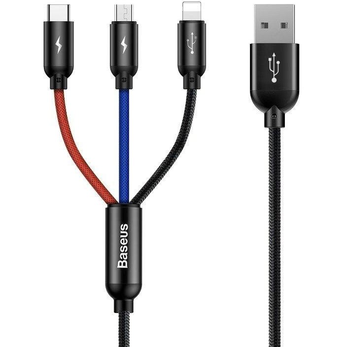 Cablu de date 3 in 1 USB Type-C/Lightning/Micro-USB 30cm Negru
