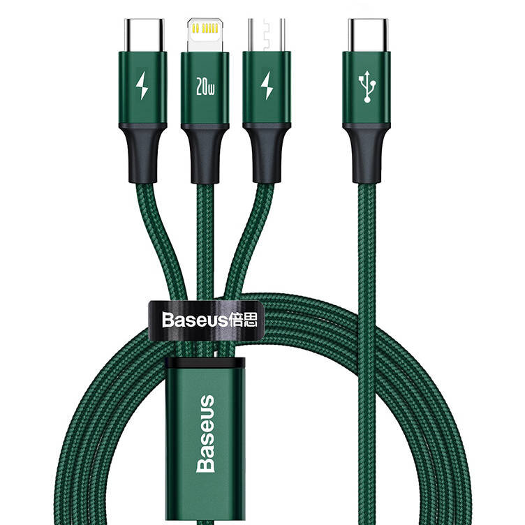 Cablu de date Rapid 3 in 1, USB Type C - USB Type-C/Lightning/Micro-USB, Power Delivery 20W, 1.5m, Verde