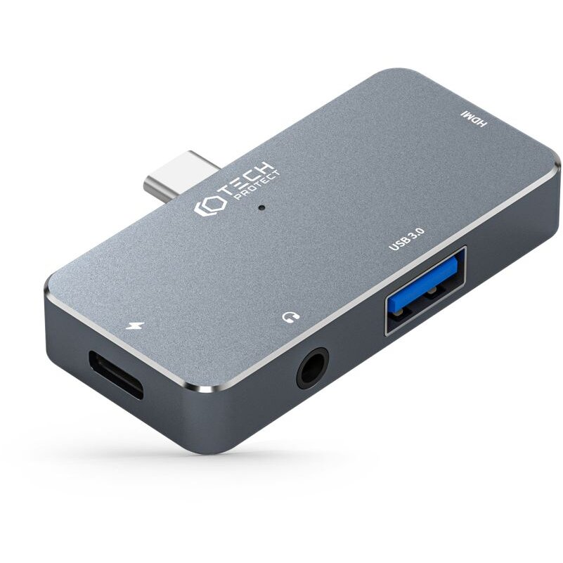 Cablu de date V6, USB-C - 1x USB 3.0, 1x USB-C 100W, 1x HDMI 4K 30Hz, 1x Jack 3.5mm, Gri