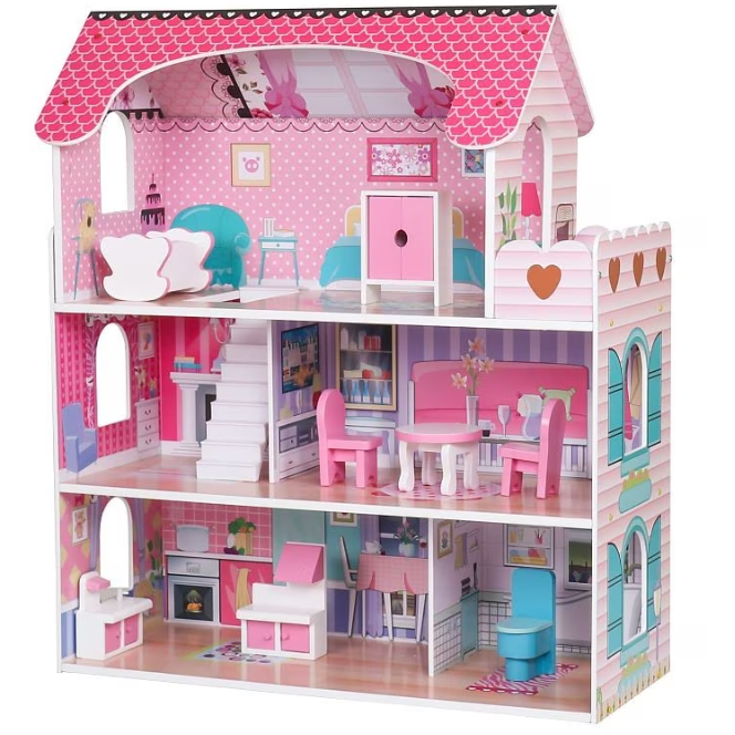 Casuta De Papusi Complet Mobilata MDF 3 Nivele 5 Camere 8 Accesorii 62 x 27 x 70cm Lemn Multicolor