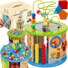 Centru de Activitati Multifunctional 11 in 1 Cub Educativ Din Lemn 31 x 21.5 x 21.5 cm Multicolor