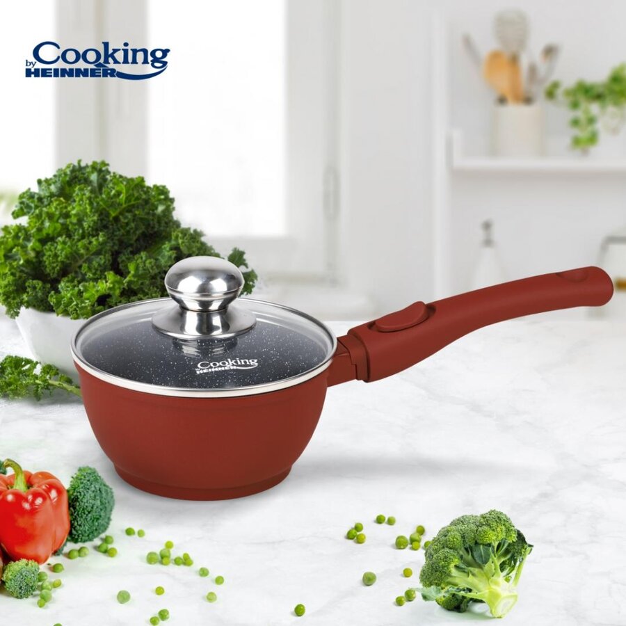 Cratita Aluminiu Calabria 16x8CM 1.3L Invelis Ceramic Maner Detasabil Capac Sticla Termorezistent Rosu