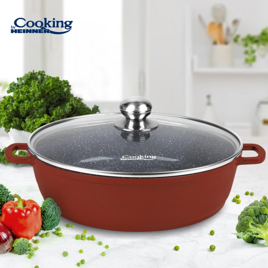 Cratita Aluminiu Calabria 40x9.8CM 11L Invelis Ceramic Capac Sticla Termorezistent Rosu