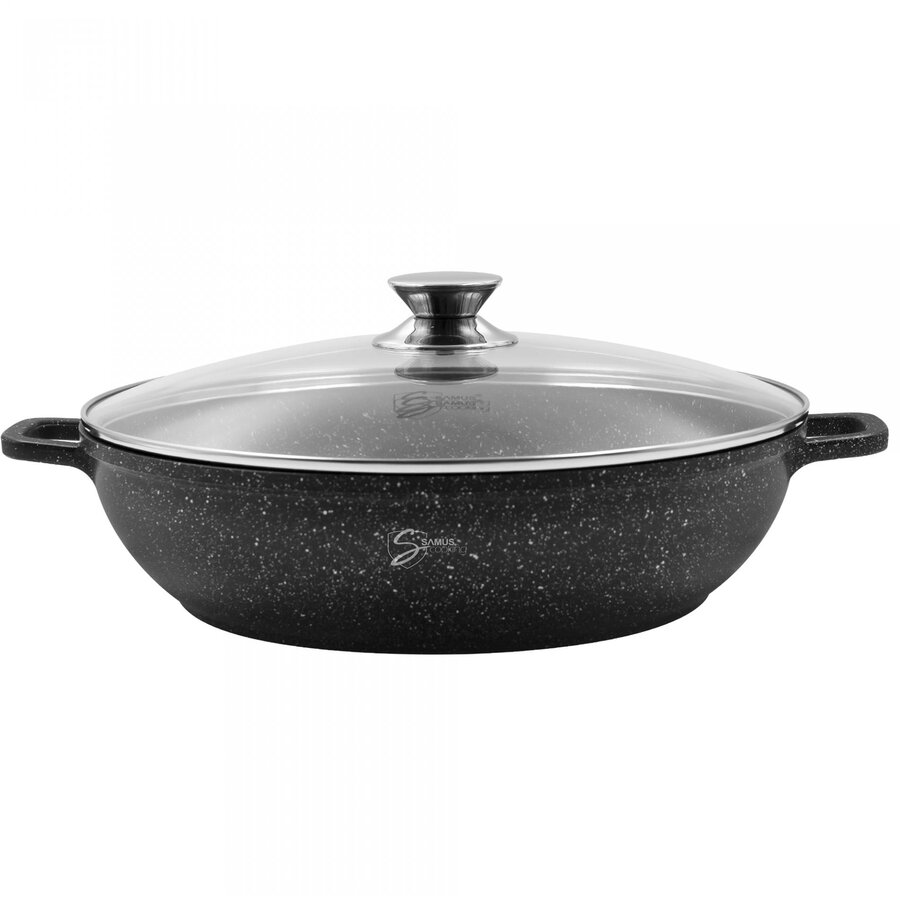 Cratita din Aluminiu Turnat TOL281-CC 4.1L 28x8CM Invelis Marmura Antiaderenta Capac Sticla Termorezistenta Negru