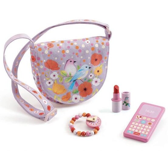 Geanta pentru Fetite cu Accesorii si Jucarii din Lemn Model Birdie Roz