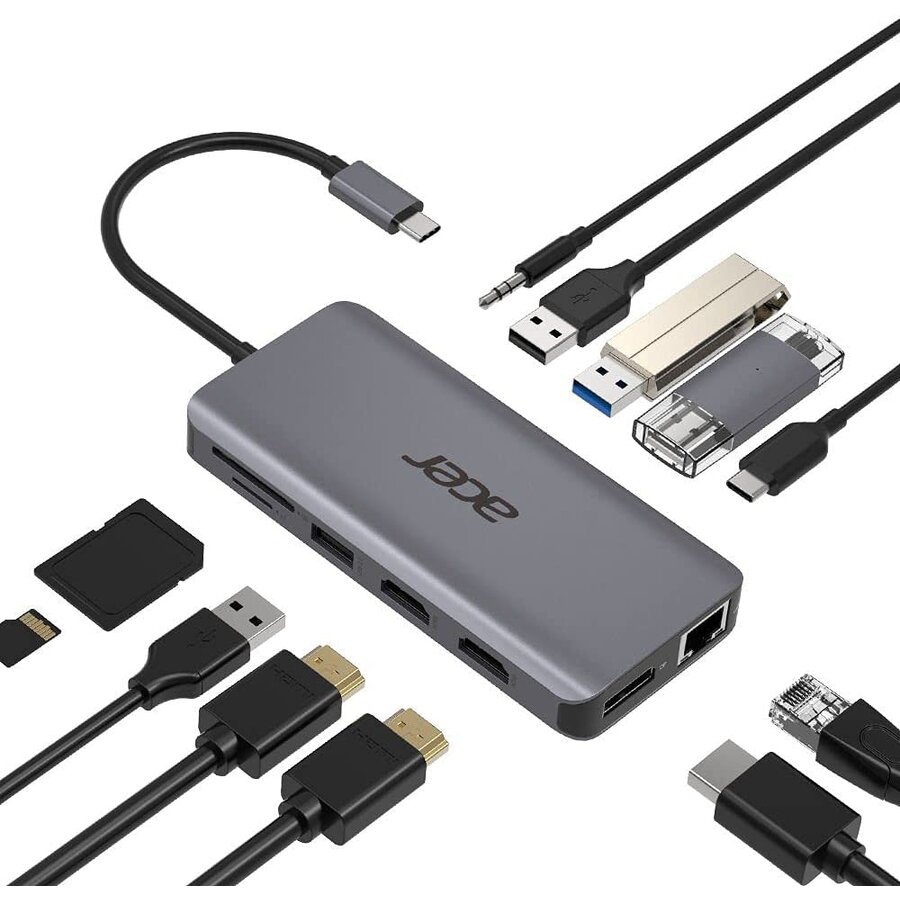 Hub USB 12-in-1 Type C dongle, docking station (silver, HDMI, USB-A)