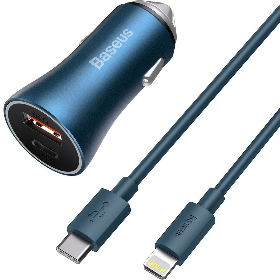 Incarcator Auto Golden USB/USB-C Quick Charge 3.0 Power Delivery 40W Cablu USB-C - Lightning Inclus Albastru