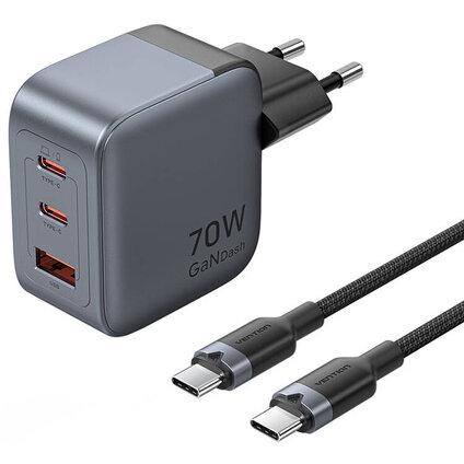 Incarcator GaN USB-C+C+A 70W + Kabel USB-C-C 1m Gri