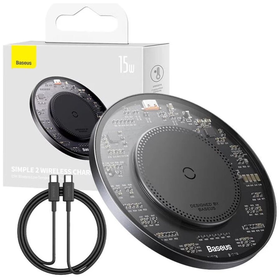 Incarcator Inductiv Wireless Simple 2 15W Cu Cablu Type-C la Type-C Negru