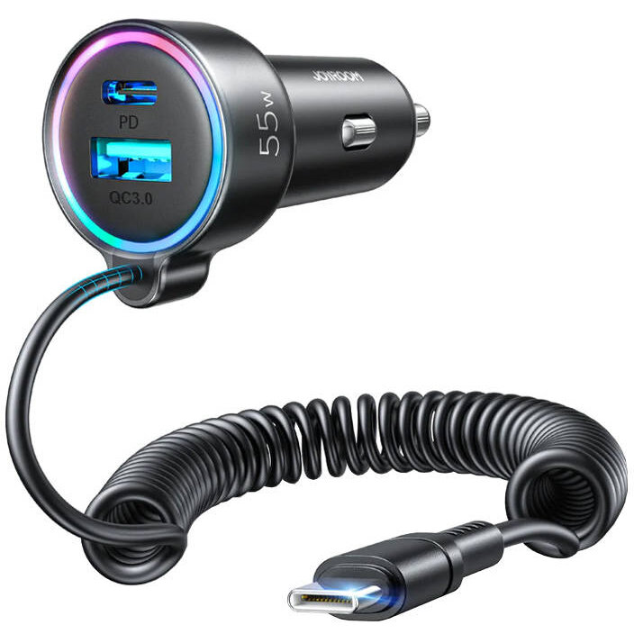 Incarcator JR-CL07, 1xUSB, 1x USB-C, Cablu USB-C 1.5m, 55W, 3A, PD QC, iluminat LED, Negru