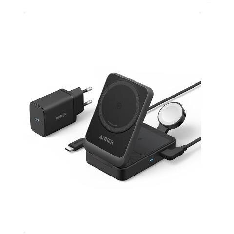 Incarcator Wireless Magnetic MagGo 3-in-1 MagSafe Compatibil 15W Qi2 Certificat Pliabil Incarcator si Cablu USB-C Inclus Negru