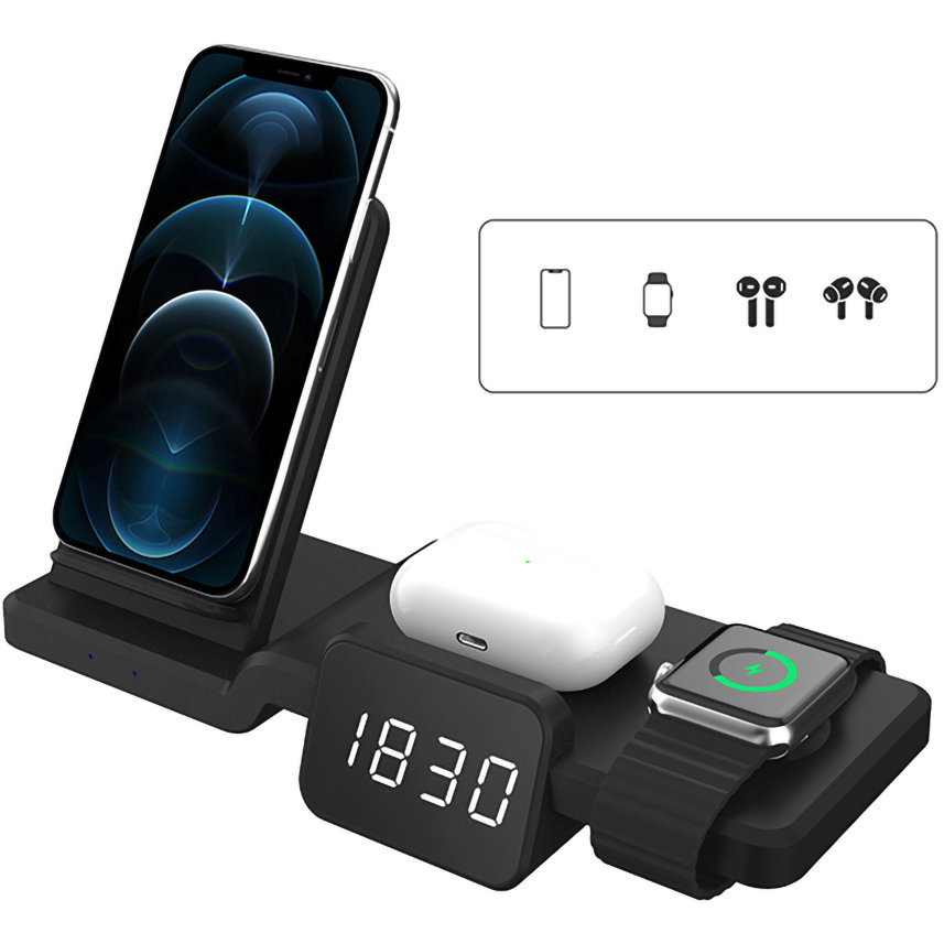 Incarcator Wireless NEX TECH® Statie de Incarcare 4 in 1 cu ceas digital Incarcare Rapida 15W Qi Fast Charger Compatibil cu Apple Watch Airpods 2 3 Pro iPhone Android Samsung Huawei Xiaomi Negru