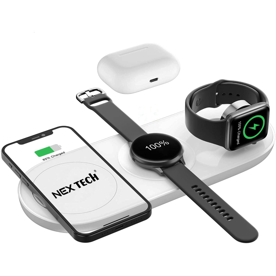 Incarcator wireless NEX TECH® Statie de incarcare 5 in 1 Incarcare Rapida Multifunctionala Fast Charger 15W Compatibil Samsung Watch Apple Huawei Galaxy Buds Android Quick Charge 3.0 Alb