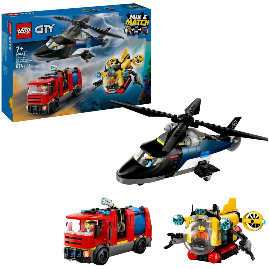 Jucarie 60462 City Combination Set with Helicopter, Fire Truck and Submarine, Construction Toy