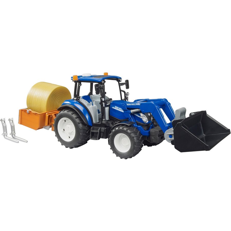 Jucarie New Holland T5.120 with front loader, loading box, forks and round bales, model vehicle