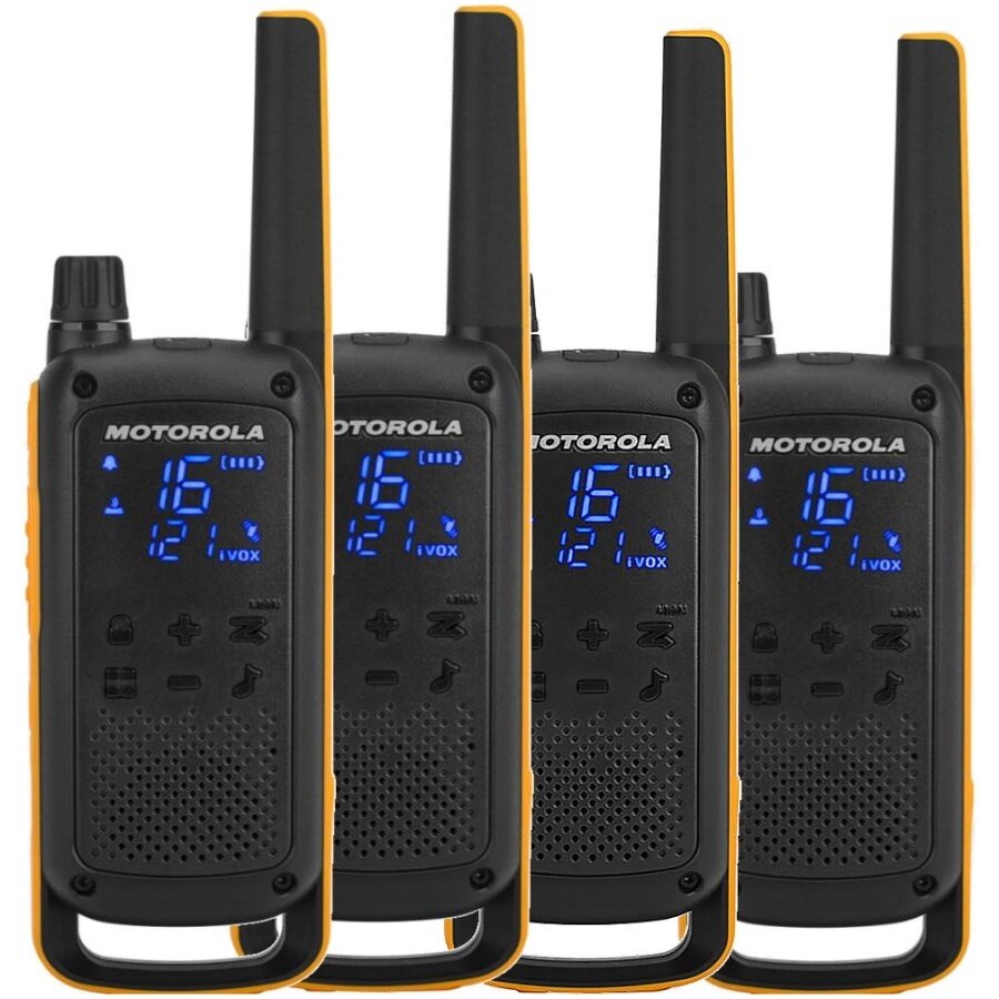 Kit 4 Statii Radio Emisie/Receptie Talkabout T82 Extreme Quad Pack Lanterna LED 16 Canale IPX4 Raza de Functionare 10KM Negru/Portocaliu