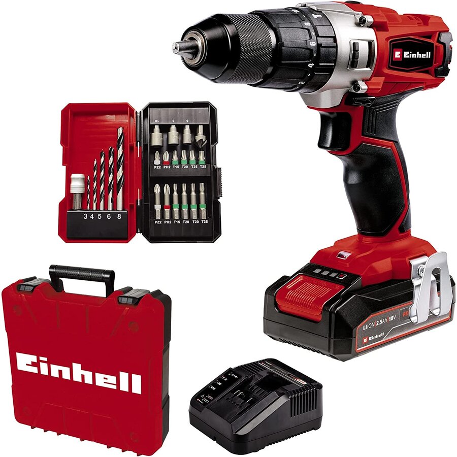 Masina de gaurit Cordless Impact Drill TE-CD 18/2 Li-i +22, 18V (red/black, Li-Ion battery 2.5Ah, case E-Box Basic + bit drill set)