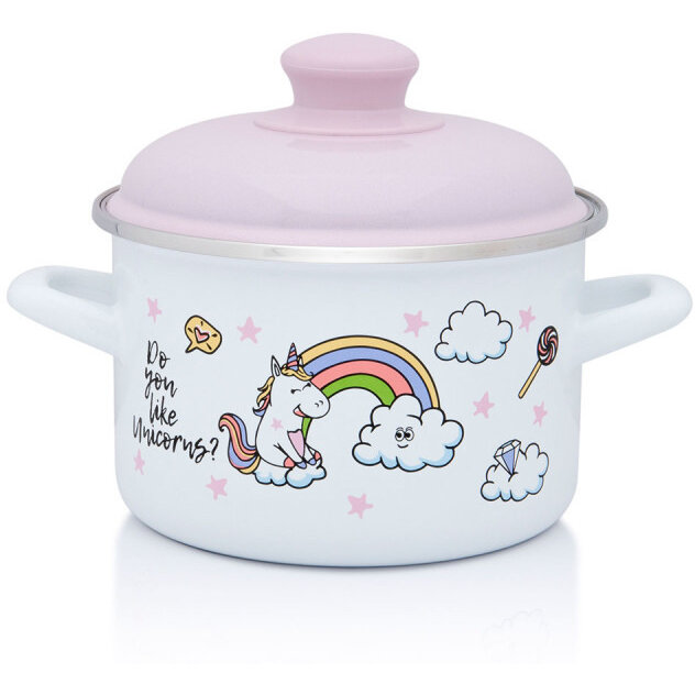 Oala cu Capac Unicorn Capacitate 2L Diametru 16CM Alb/Roz