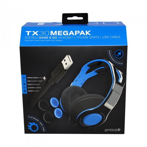 Pachet Casti + Accesorii (PS4) TX30 Megapack - Stereo Game & Go Headset + Thumbs Grips + Cablu USB Negru/Albastru