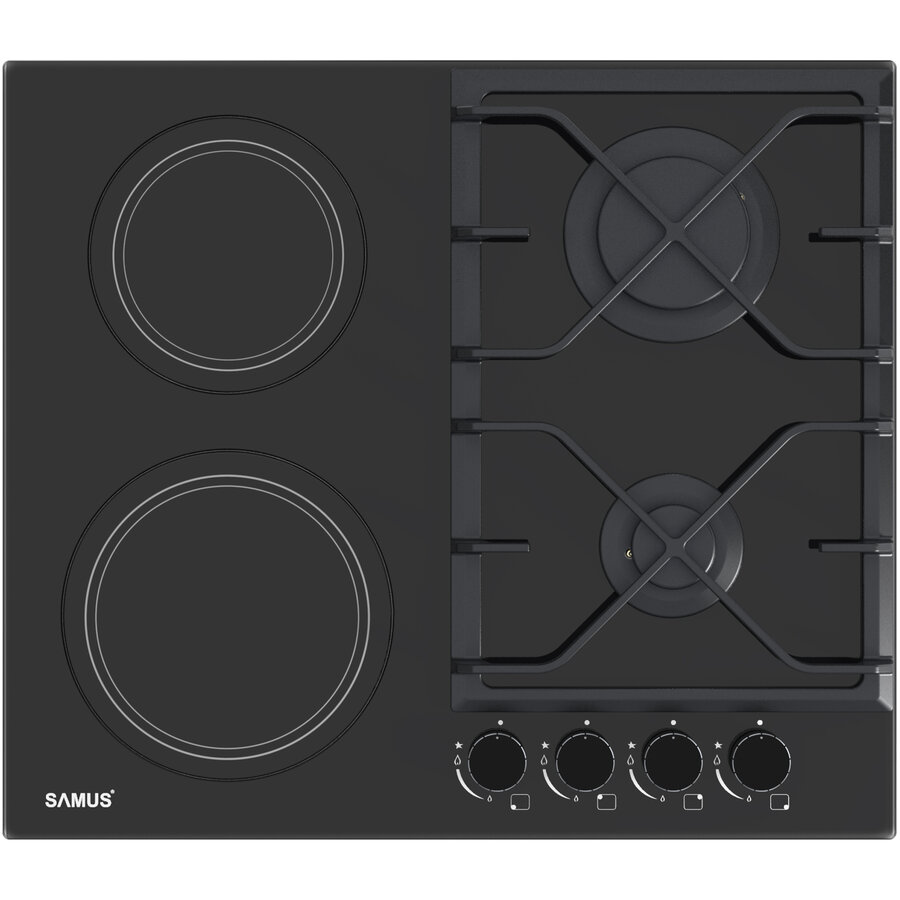 Plita Incorporabila Mixta PSVG-622BG1 2 Arzatoare Gaz + 2 Arzatoare Electrice Sticla Ceramica Termorezistenta Panou Frontal 60CM Negru