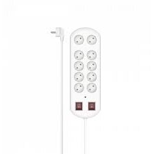 Power Strip 10-Way Overvoltage Protection Two Switches 2 m White