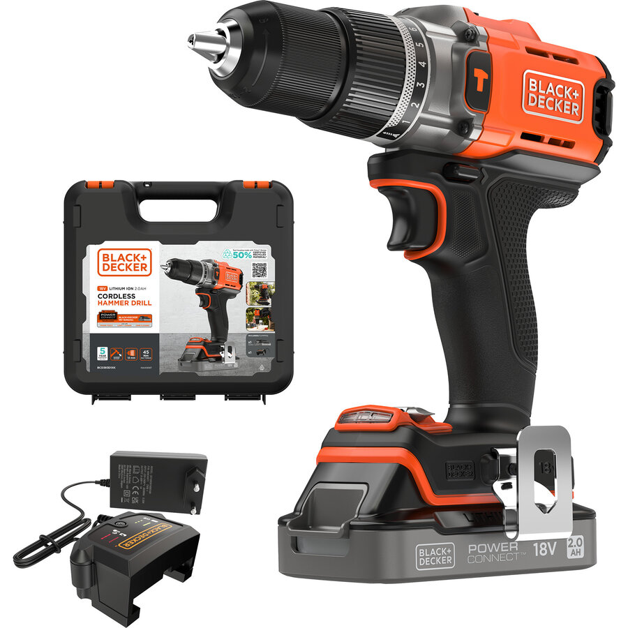 POWERCONNECT cordless impact drill BCD383D1XK, 18V orange/black, Li-ion battery 2.0Ah, case
