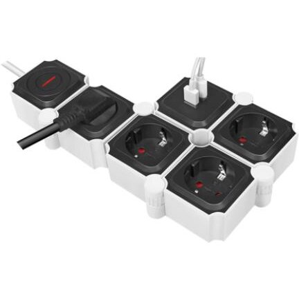 Prelungitor 4x Schuko Conectare prin Schuko (T) 2x USB Cablu 1.5M 16A Protectie Copii On/Off Alb/Negru