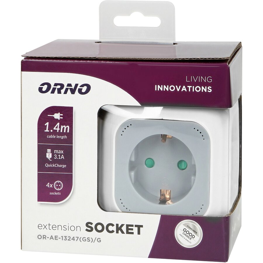 Prelungitor OR-AE-13247(GS)/G 4x2P+E Schuko Port USB-A/C Incarcare Rapida Cablu 1.4M H05VV-F 3x1MM² Alb/Gri