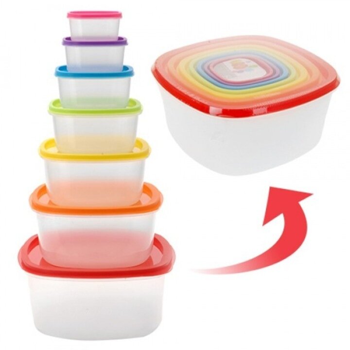 Set 7 Caserole Patrate Cu Capace Plastic Multicolor