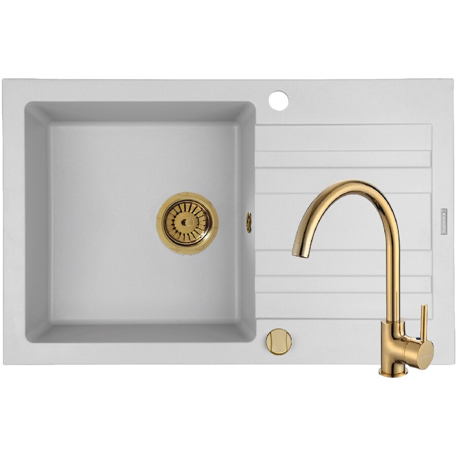 Set Chiuveta Granit + Baterie ECO BELLO Gold NAXOS 79x50 1B 1D White