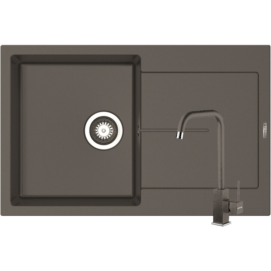 Set Chiuveta Granit ITHAKA 1B1D 79x50 si Baterie ADELITA Iron Grey