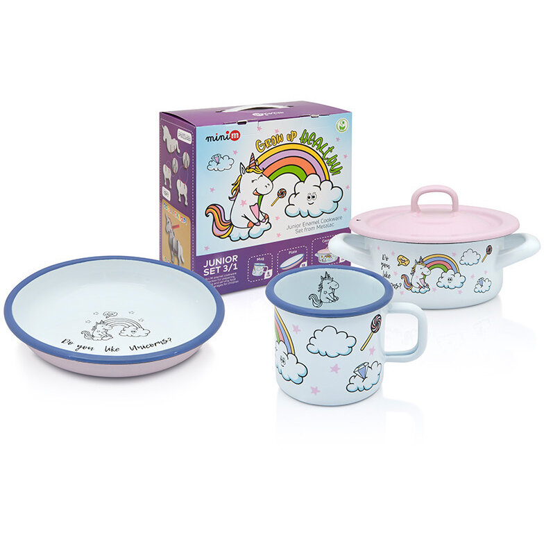 Set Junior Unicorn din Metal Emailat Cratita Mica + Farfurie + Cana Alb/Roz