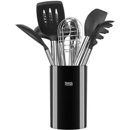 Set Ustensile Bucatarie Tel polonic Linguri Spatula Cleste Otel Inoxidabil + Silicon Negru
