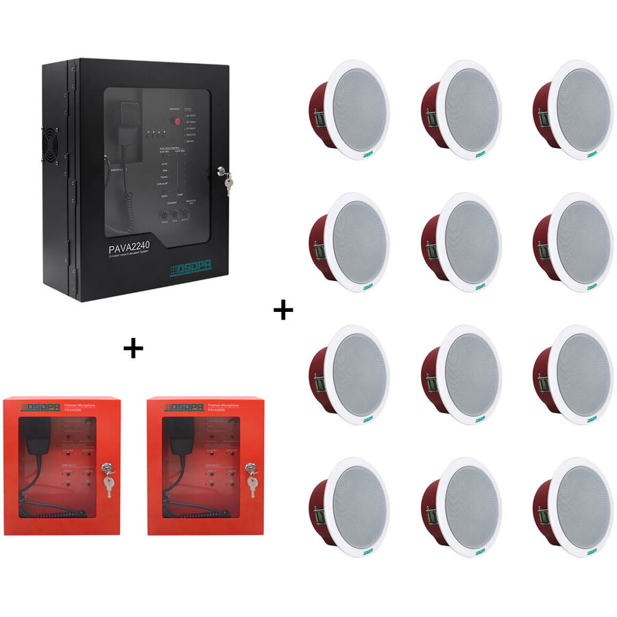 Sistem Sonorizare de Evacuare EN54 cu 2 Zone 240W DSPPA PAVA 2240 + 2x Microfon Pompier + 12 x Boxe De Tavan 10W