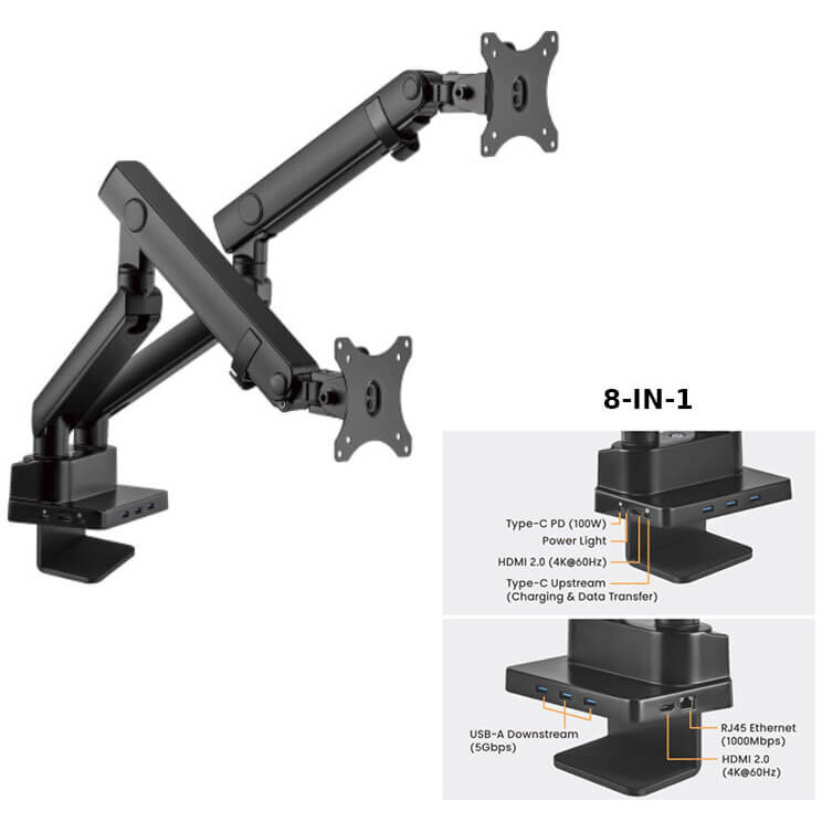 Suport 2 Monitoare MNT20-2 De Masa Cu Statie Docking 8-in-1  17-32inch Max 8kg/Brat Otel Negru