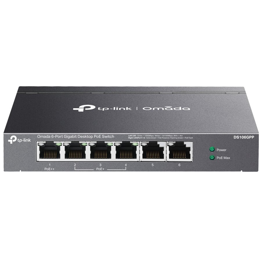Switch Omada DS106GPP fara Management 6 Porturi Gigabit (4 Porturi POE+ Buget Total 64W) Carcasa Metalica Negru