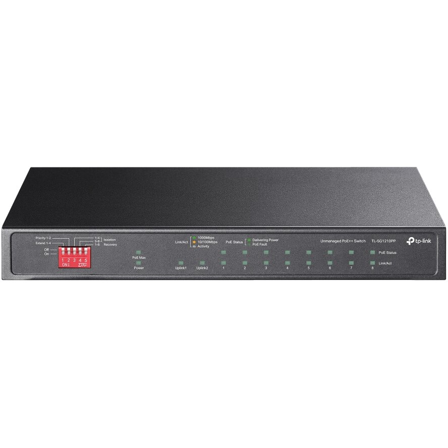 Switch TL-SG1210PP 10 Porturi Gigabit (2-Port PoE++ si 6 PoE+) IEEE 802.3af/at/bt Buget PoE 123W Maxim Carcasa Metalica Negru