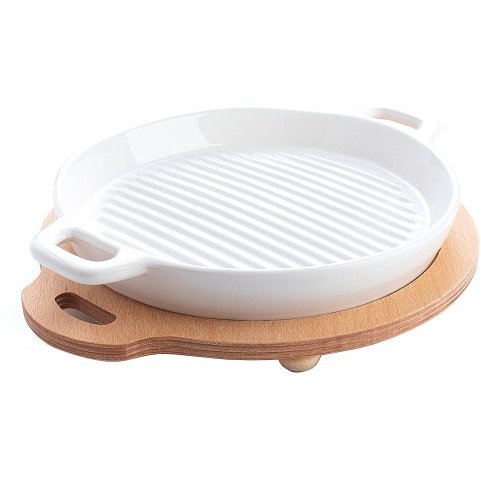 Tava Grill cu Manere Suport de Lemn 22cm Ceramica Alb
