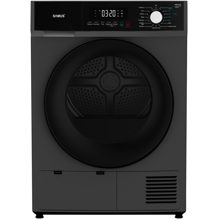 Uscator de Rufe cu Pompa de Caldura SWDP-817DS 8KG 16 Programe Blocare Acces Copii Anti Sifonare Clasa E Gri Inchis