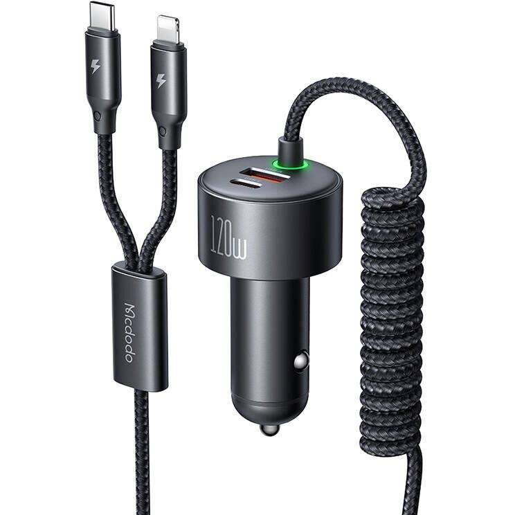  CC-0370 120W 1C+1A Car Charger with USB-C and Lighting retractable cables