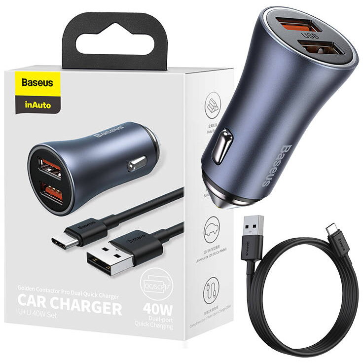 Încărcător auto Golden Contactor Pro, 2x USB, 40W (gri) + cablu USB la USB-C 1m (negru)