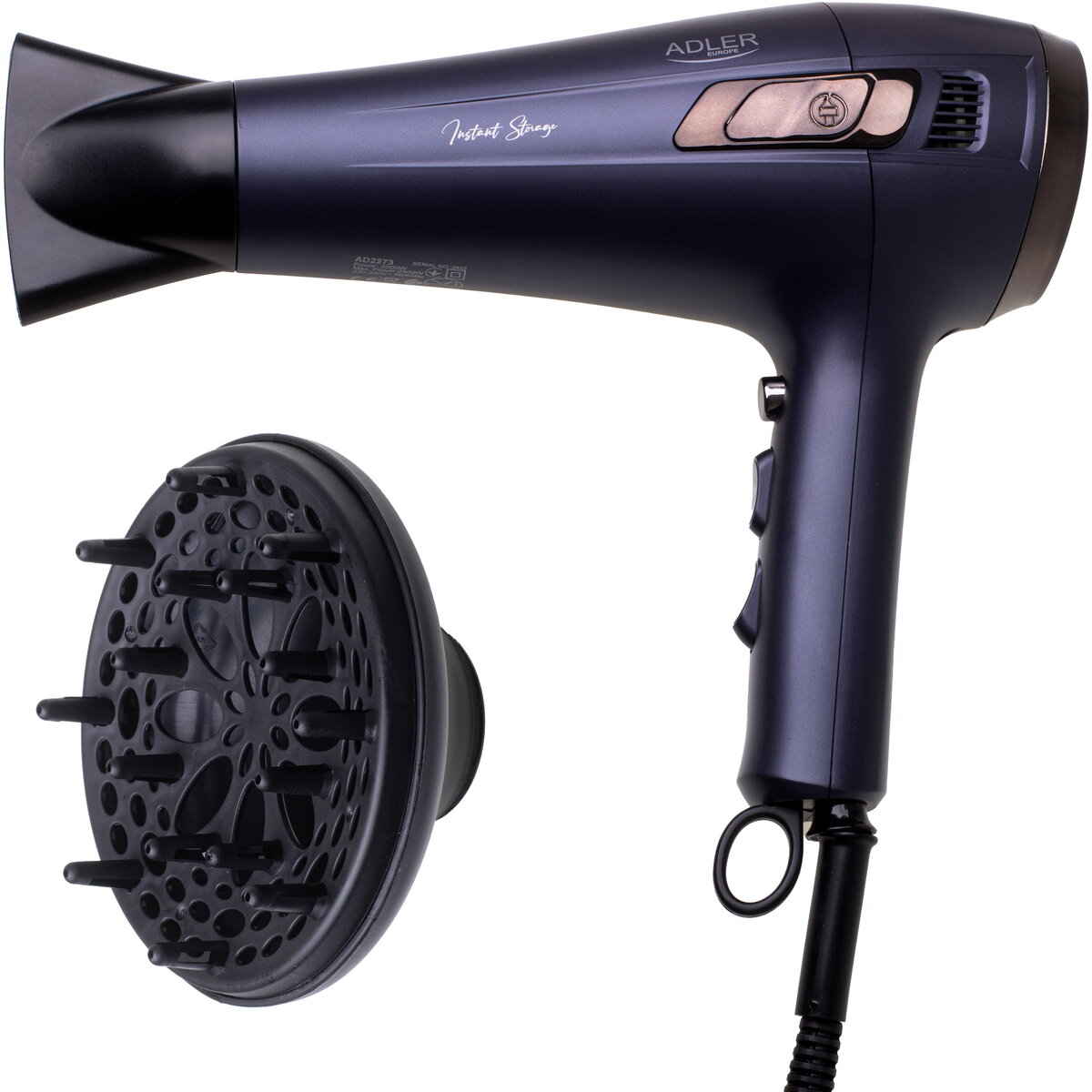 Adler AD 2273 Hair dryer with retractable power cord, 2400W + diffuser, Violet